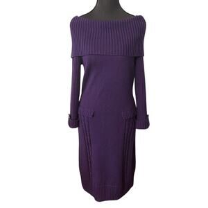 Tahari Purple Knit Sweater Dress Off Shoulder Cowl Neck Wool Blend M Luxury